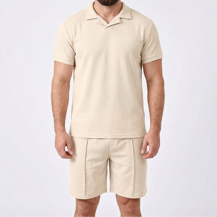 Men's Waffle Knit Two-Piece Set Polo Shirt Shorts Matching Casual Summer