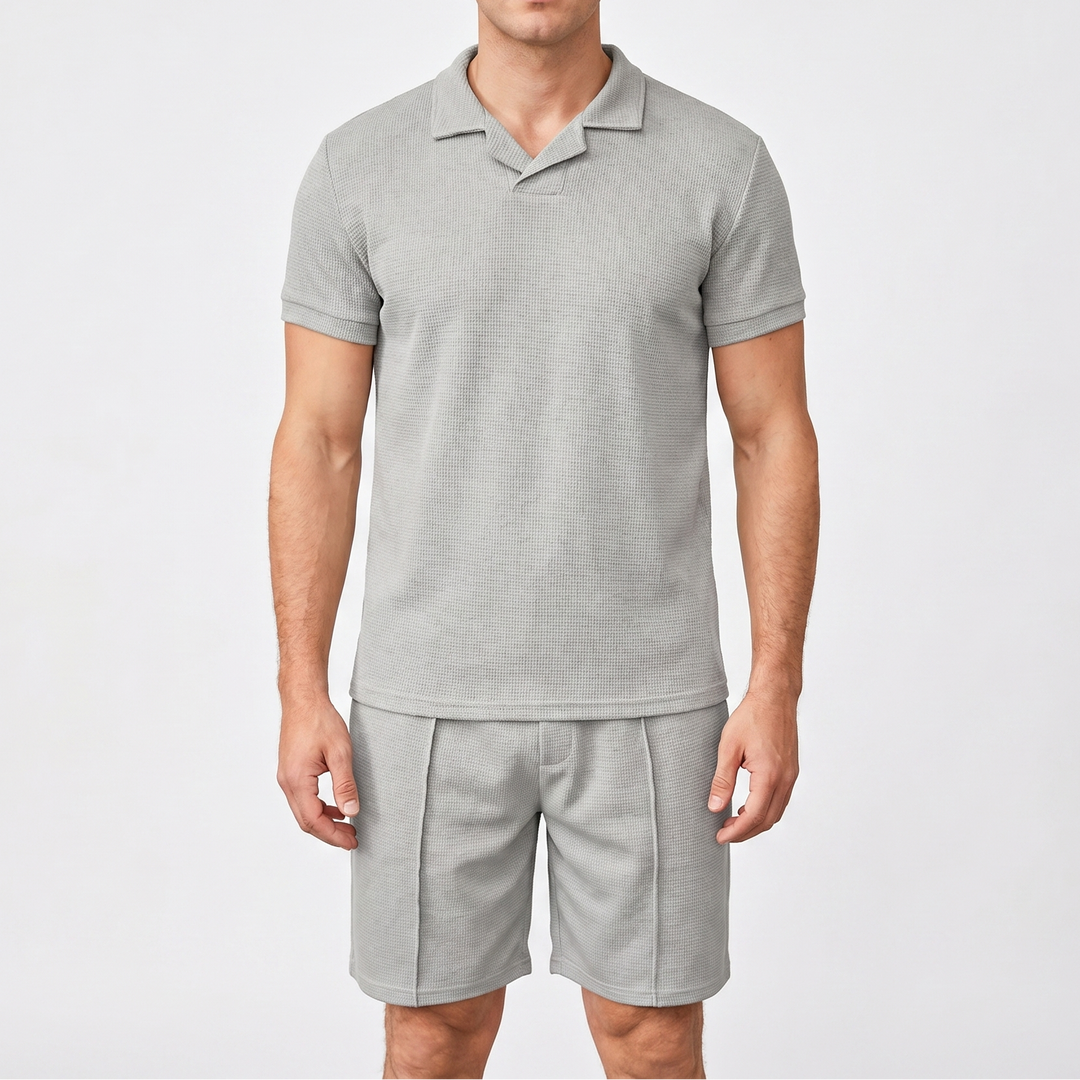 Men's Waffle Knit Two-Piece Set Polo Shirt Shorts Matching Casual Summer