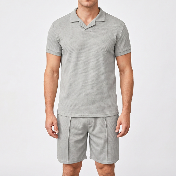 Men's Waffle Knit Two-Piece Set Polo Shirt Shorts Matching Casual Summer
