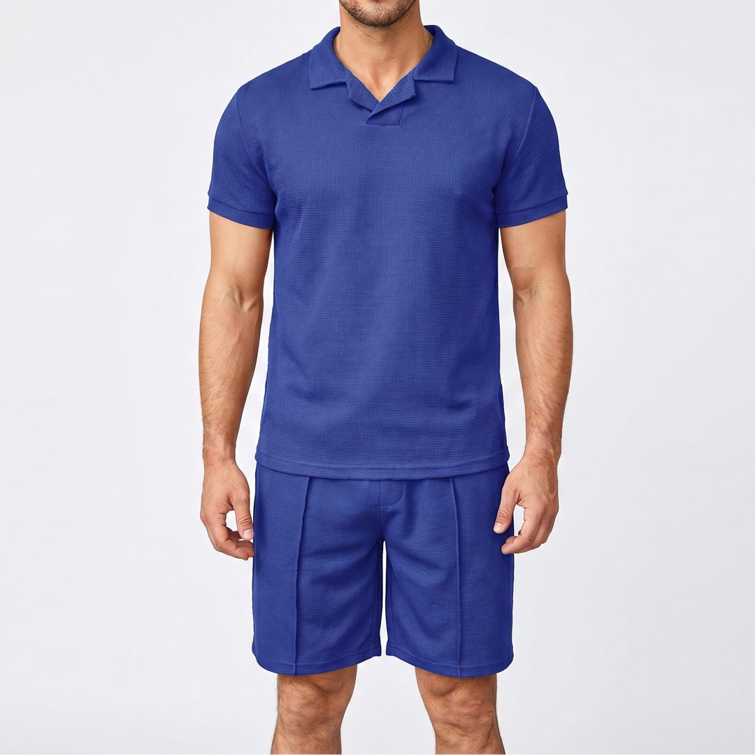 Men's Waffle Knit Two-Piece Set Polo Shirt Shorts Matching Casual Summer