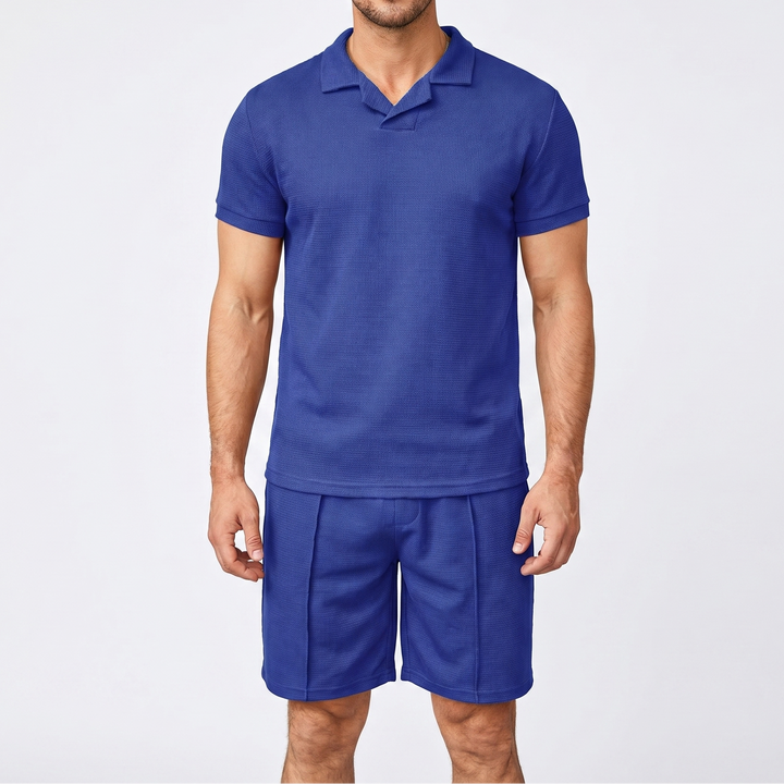 Men's Waffle Knit Two-Piece Set Polo Shirt Shorts Matching Casual Summer