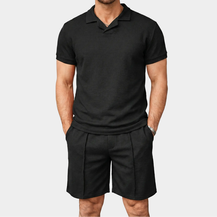 Men's Waffle Knit Two-Piece Set Polo Shirt Shorts Matching Casual Summer