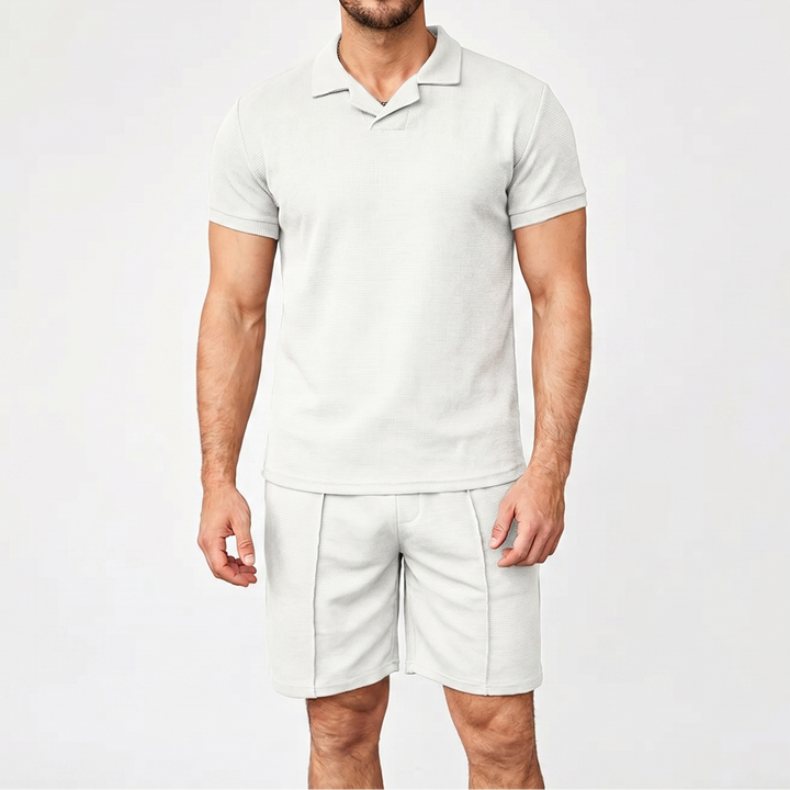 Men's Waffle Knit Two-Piece Set Polo Shirt Shorts Matching Casual Summer