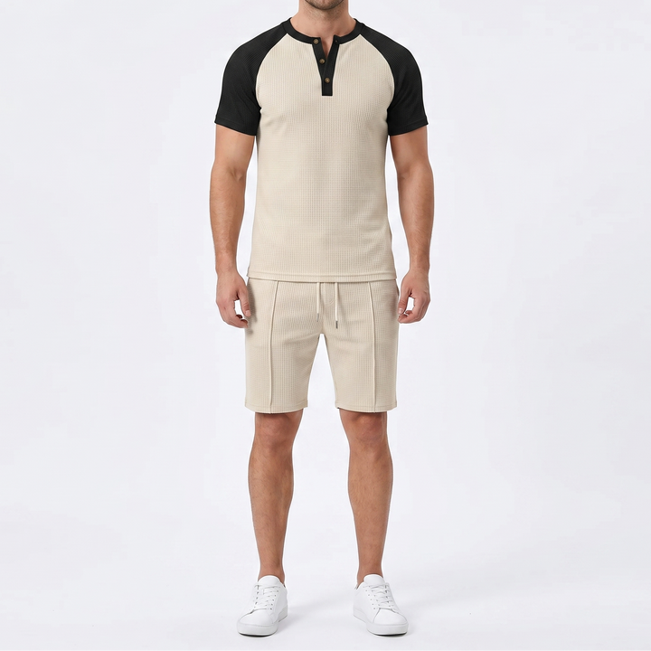 Men's Waffle Knit Two-Piece Set Colour Block Henley T-Shirt Drawstring Shorts