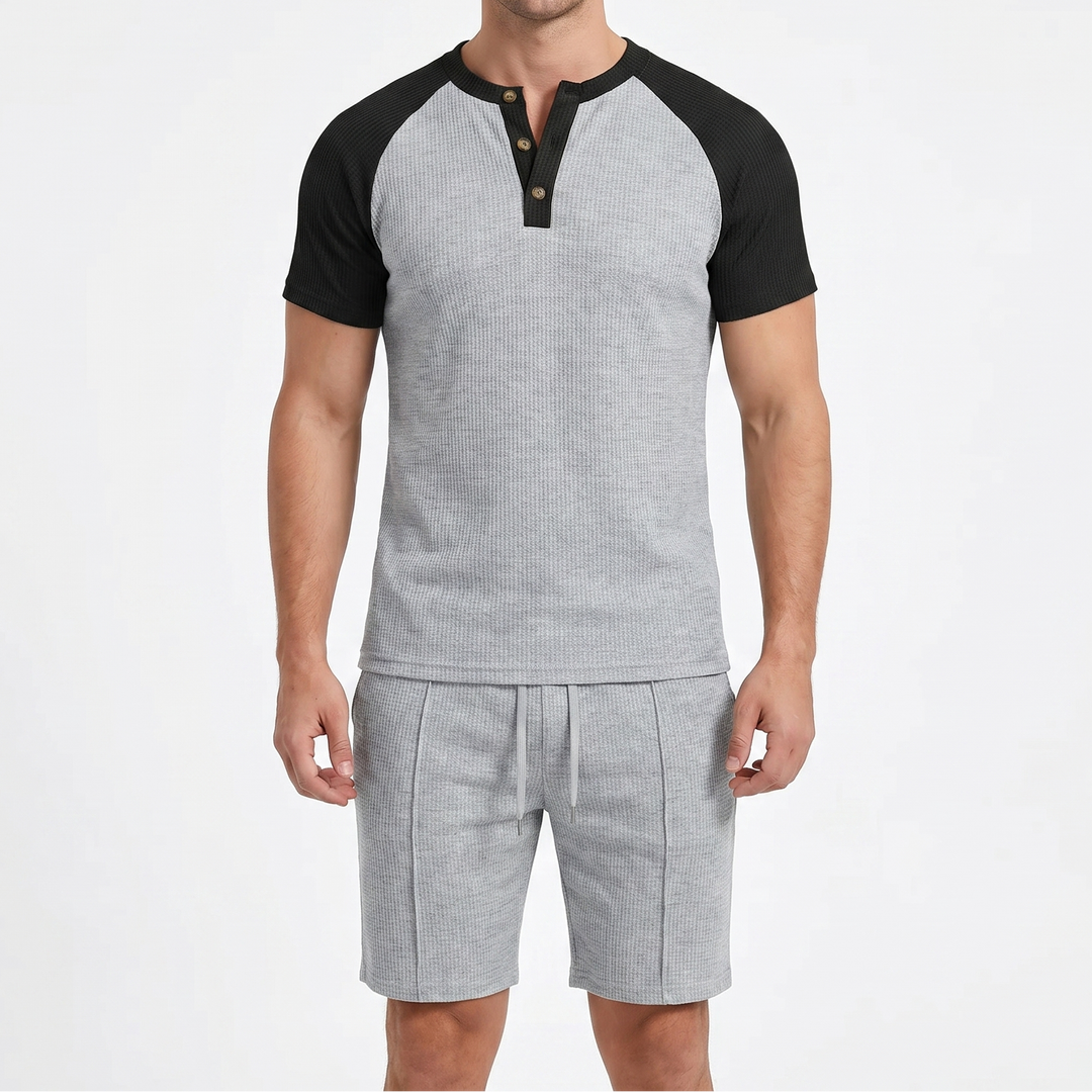 Men's Waffle Knit Two-Piece Set Colour Block Henley T-Shirt Drawstring Shorts