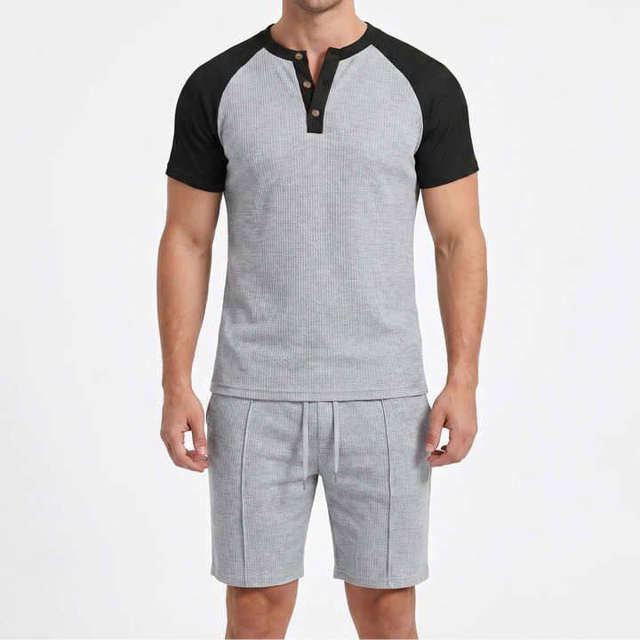 Men's Waffle Knit Two-Piece Set Colour Block Henley T-Shirt Drawstring Shorts
