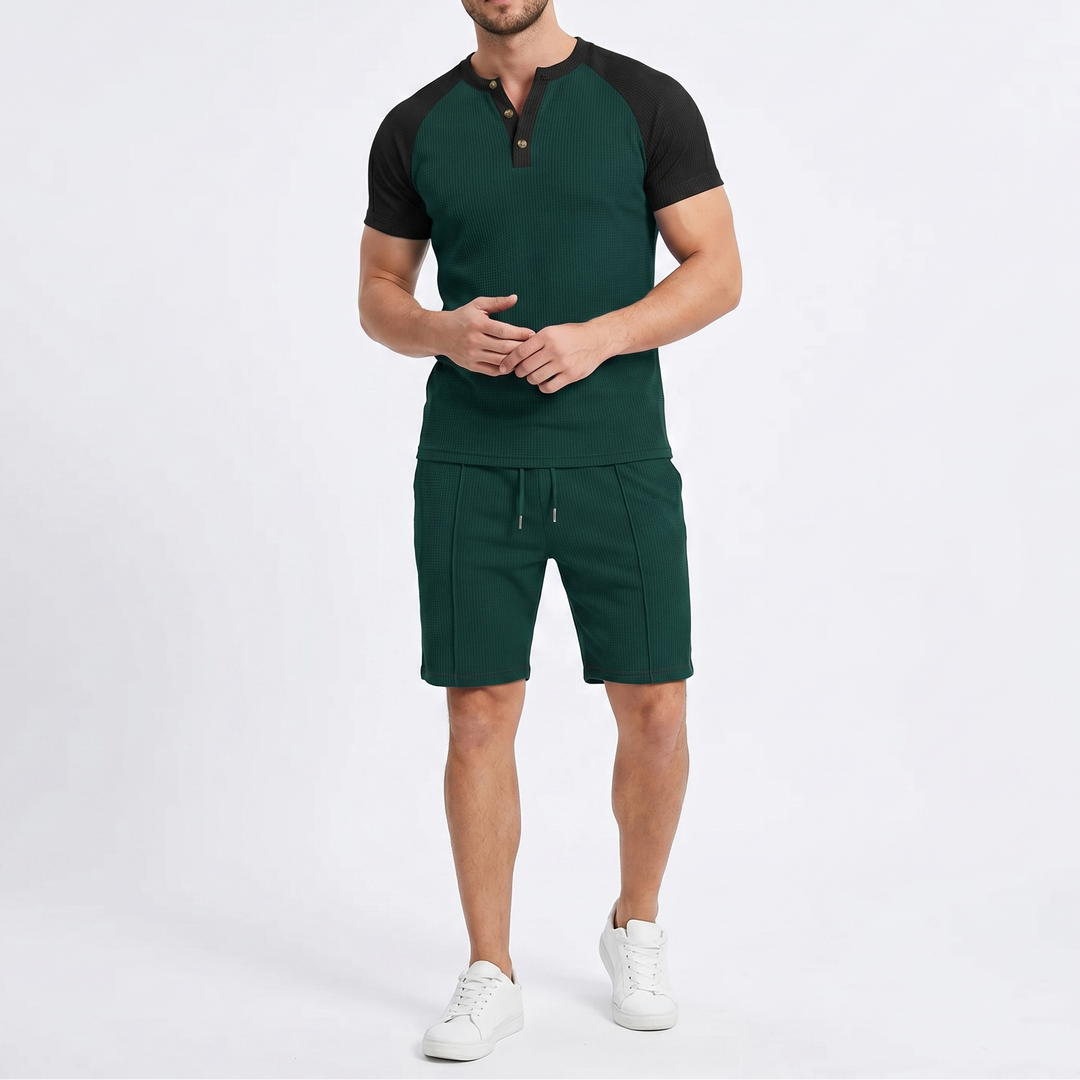 Men's Waffle Knit Two-Piece Set Colour Block Henley T-Shirt Drawstring Shorts