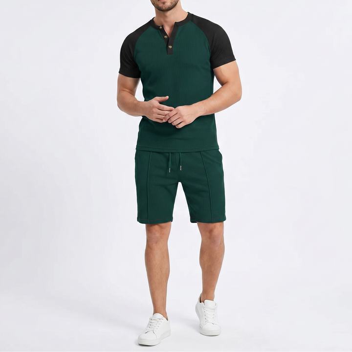 Men's Waffle Knit Two-Piece Set Colour Block Henley T-Shirt Drawstring Shorts