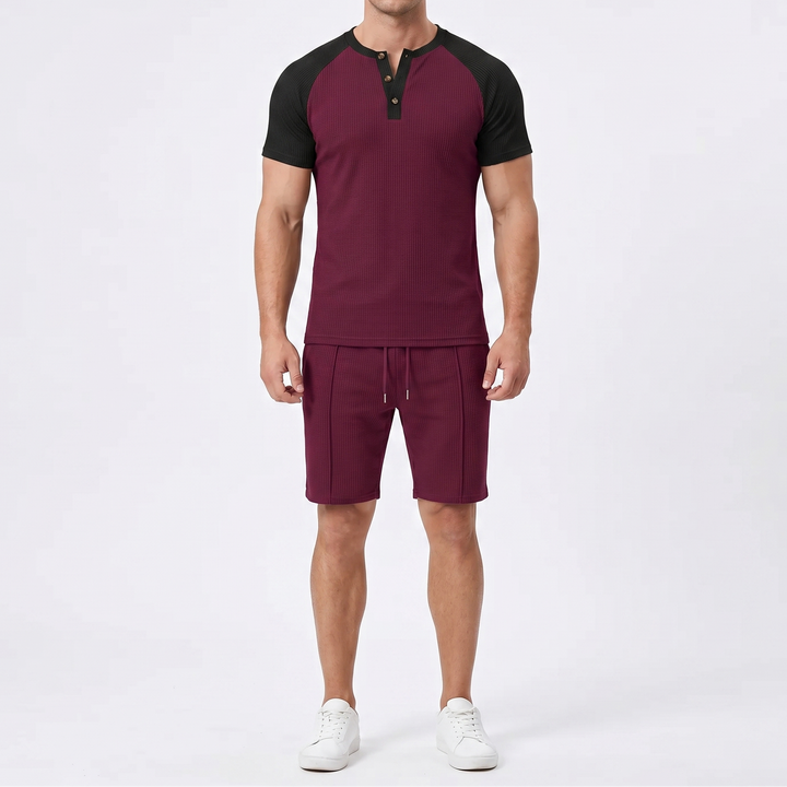 Men's Waffle Knit Two-Piece Set Colour Block Henley T-Shirt Drawstring Shorts