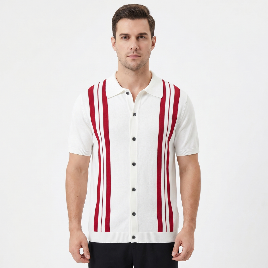 Men's Stripe Knit Polo Shirt Short Sleeve Button-Down Slim Fit Casual Summer