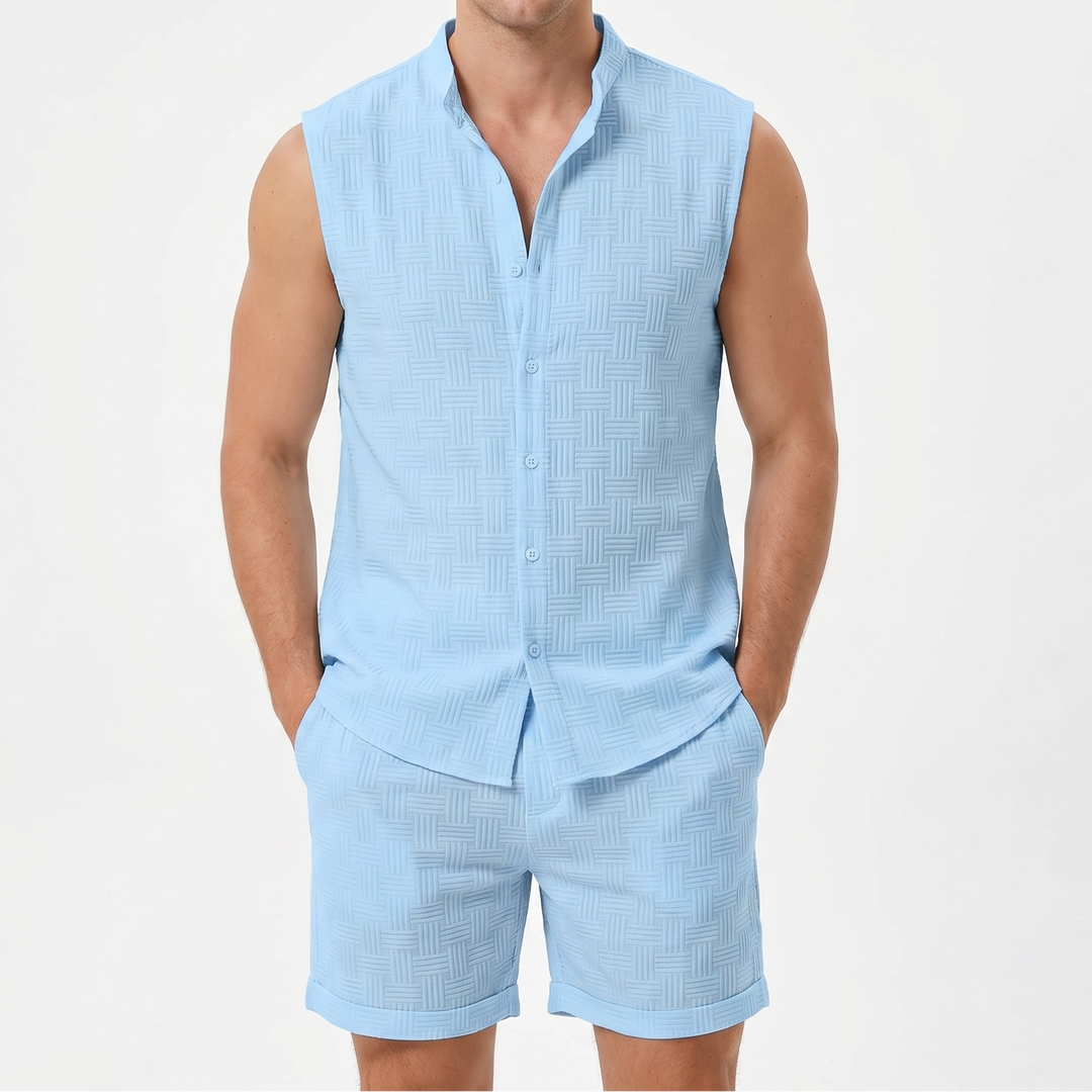 Men's Textured Two-Piece Set Sleeveless Shirt Shorts Band Collar Summer Casual