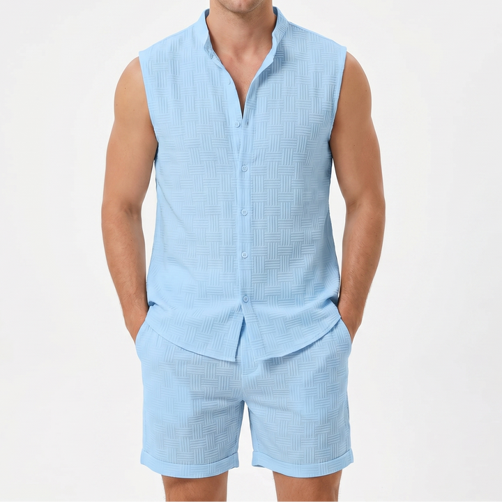Men's Textured Two-Piece Set Sleeveless Shirt Shorts Band Collar Summer Casual