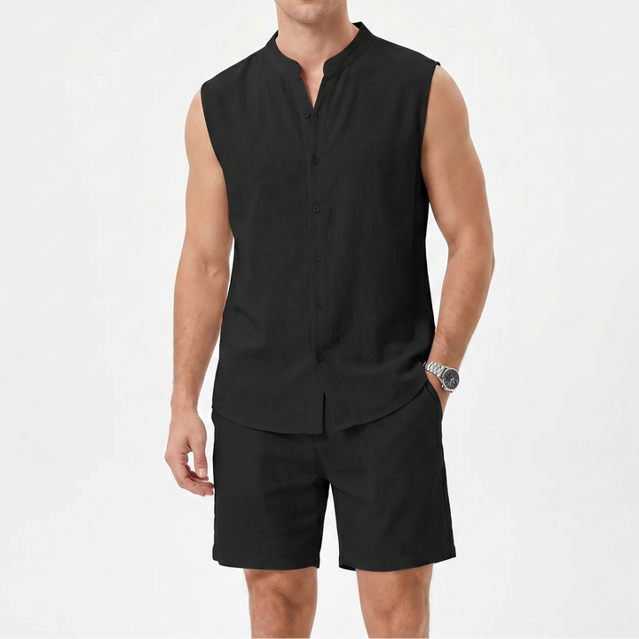 Men's Textured Two-Piece Set Sleeveless Shirt Shorts Band Collar Summer Casual
