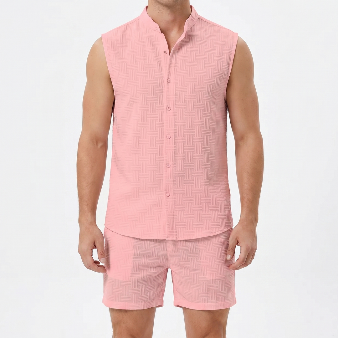 Men's Textured Two-Piece Set Sleeveless Shirt Shorts Band Collar Summer Casual