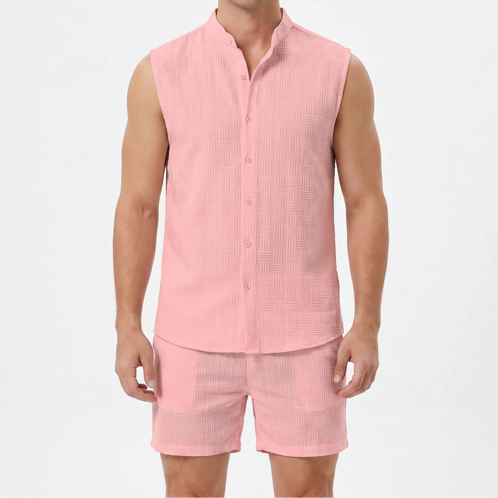 Men's Textured Two-Piece Set Sleeveless Shirt Shorts Band Collar Summer Casual