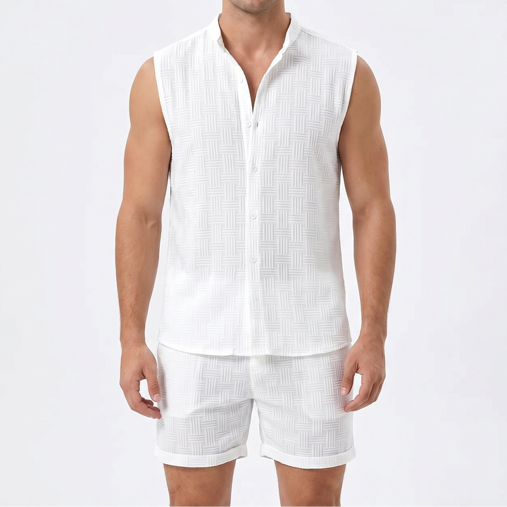 Men's Textured Two-Piece Set Sleeveless Shirt Shorts Band Collar Summer Casual