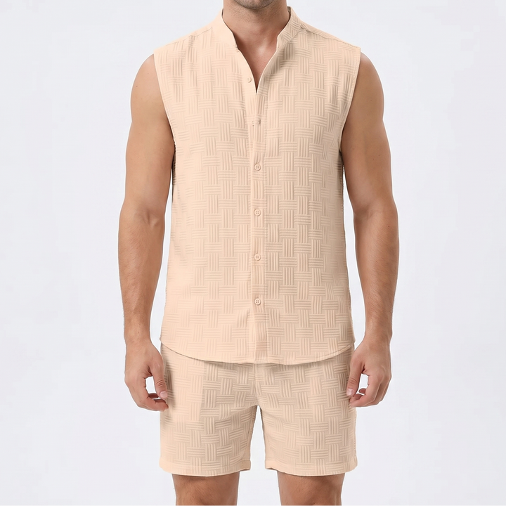 Men's Textured Two-Piece Set Sleeveless Shirt Shorts Band Collar Summer Casual