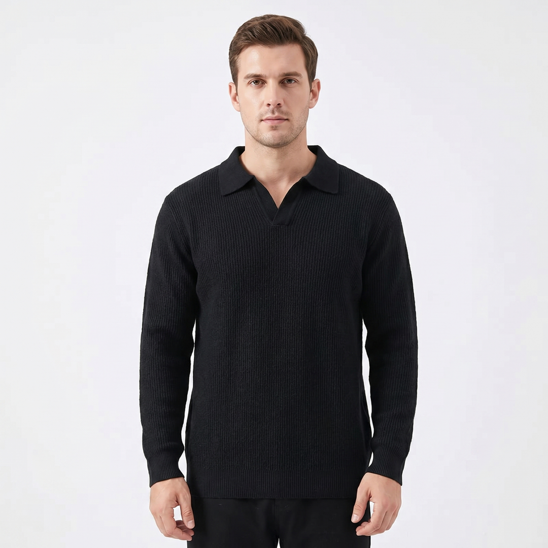 Men's Waffle Knit Long Sleeve Polo Sweater Open Collar Relaxed Fit Casual