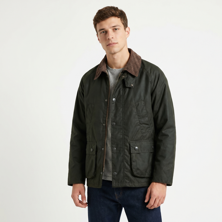 Men's Corduroy Collar Field Jacket Snap Button Country Barn Coat Multi-Pocket
