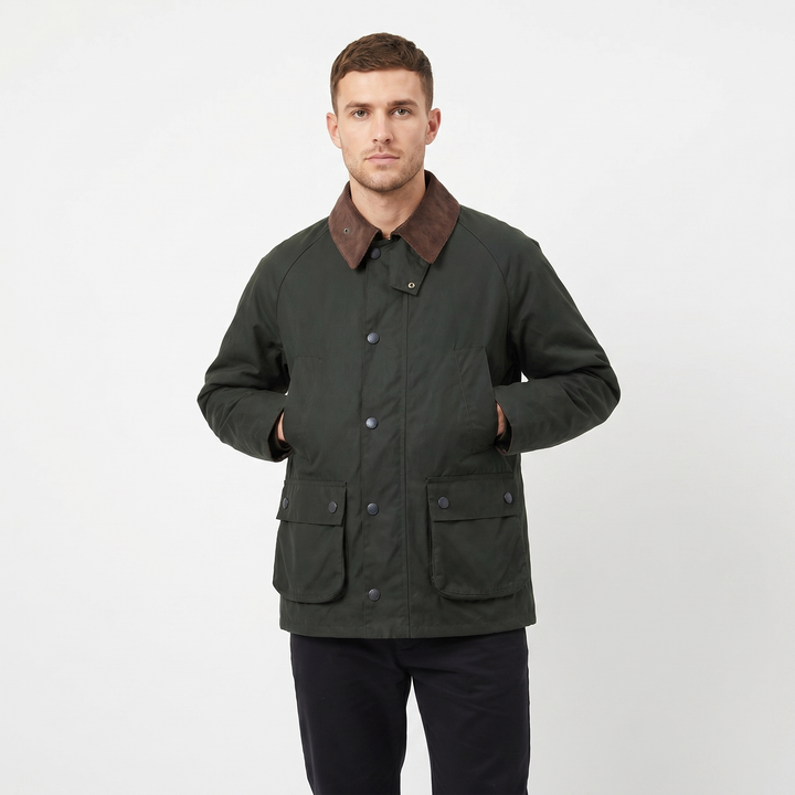 Men's Corduroy Collar Field Jacket Snap Button Country Barn Coat Multi-Pocket