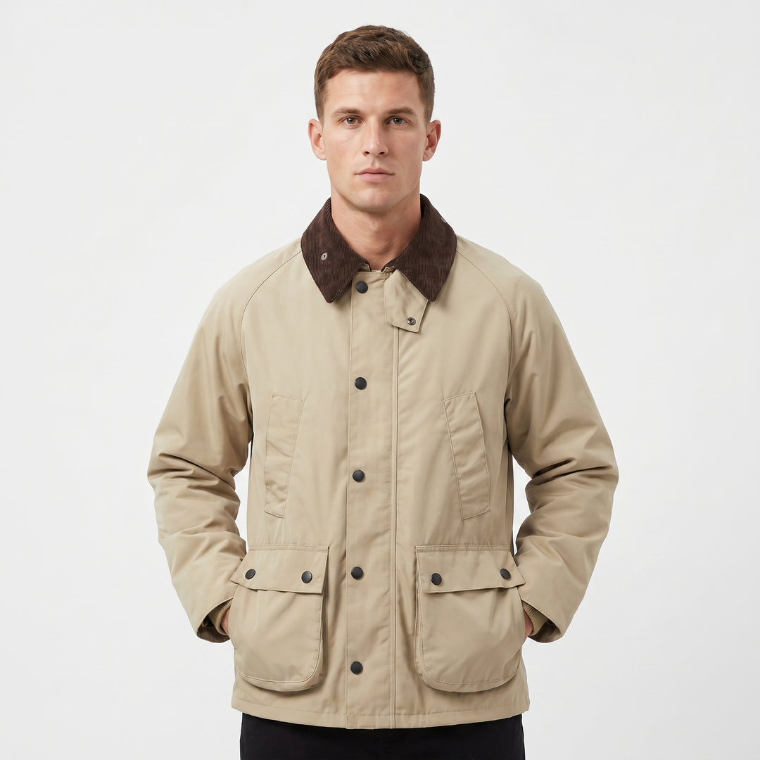 Men's Corduroy Collar Field Jacket Snap Button Country Barn Coat Multi-Pocket