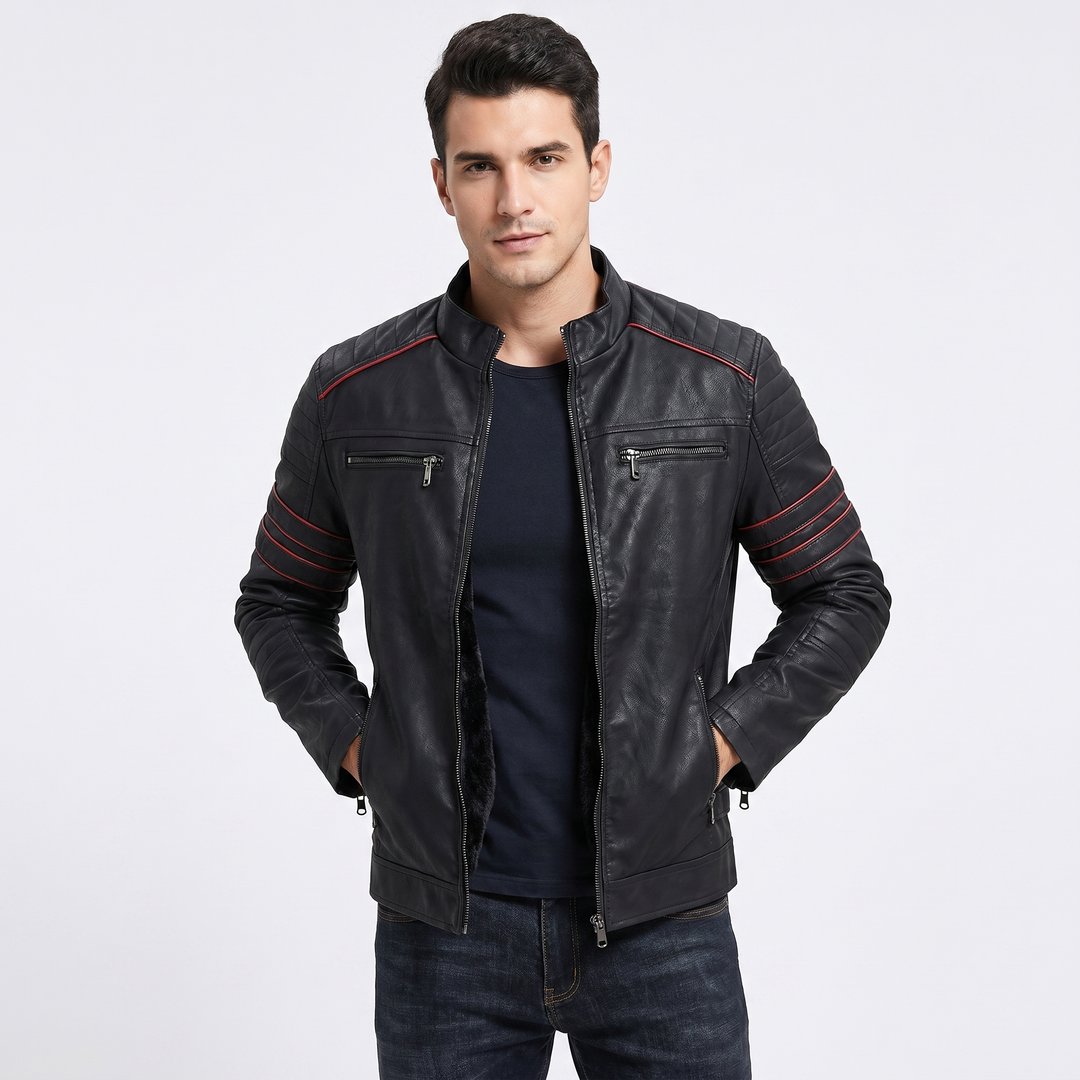 Men's Faux Leather Moto Jacket Quilted Shoulder Zip Pocket Biker Coat Slim Fit