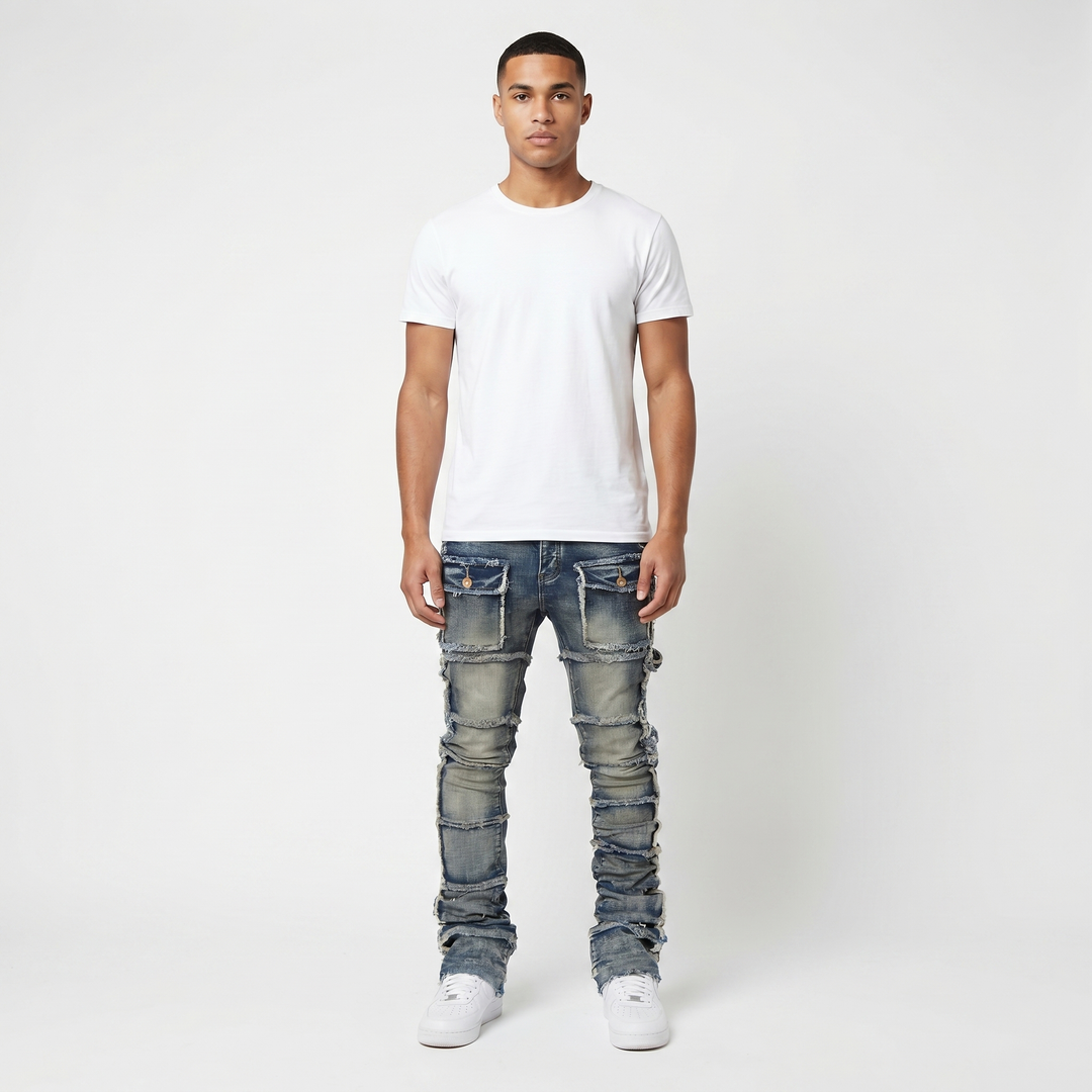 Men's Stacked Jeans Patchwork Frayed Panel Slim Fit Flare Hem Streetwear Denim