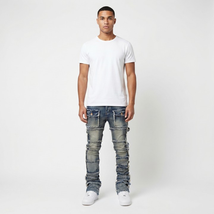 Men's Stacked Jeans Patchwork Frayed Panel Slim Fit Flare Hem Streetwear Denim