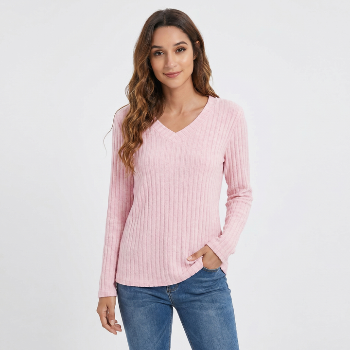 Women's Ribbed V-Neck Sweater Long Sleeve Soft Knit Pullover Casual Jumper
