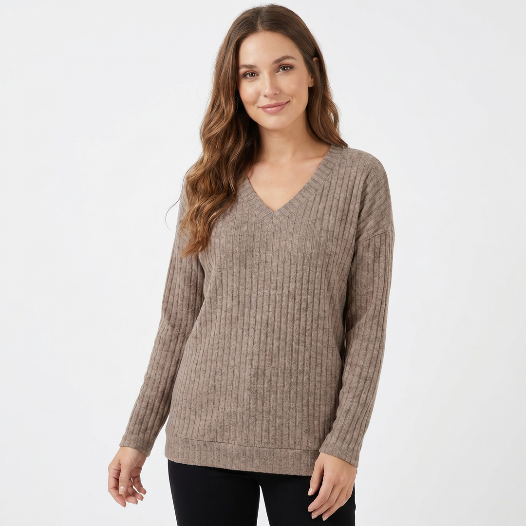 Women's Ribbed V-Neck Sweater Long Sleeve Soft Knit Pullover Casual Jumper