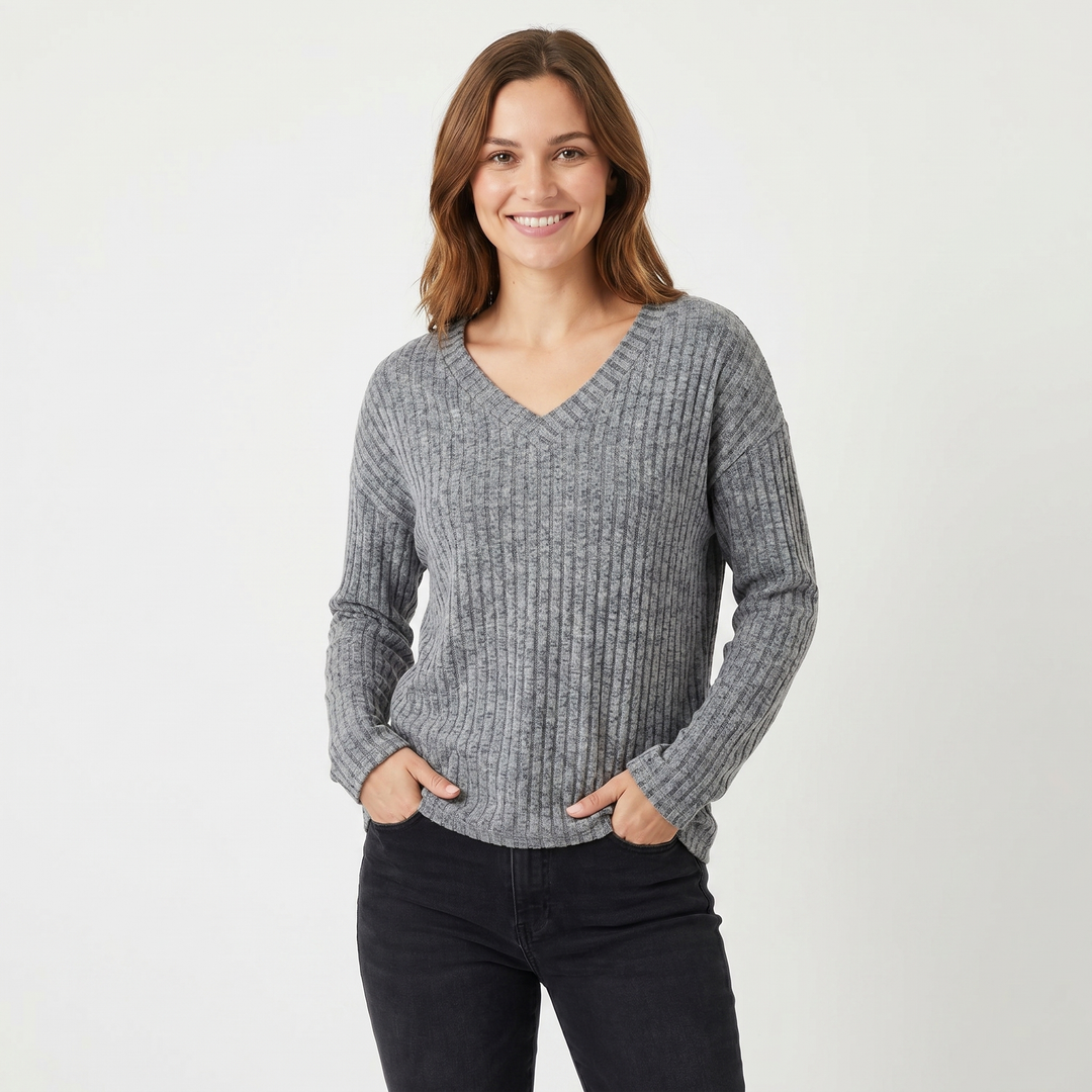 Women's Ribbed V-Neck Sweater Long Sleeve Soft Knit Pullover Casual Jumper