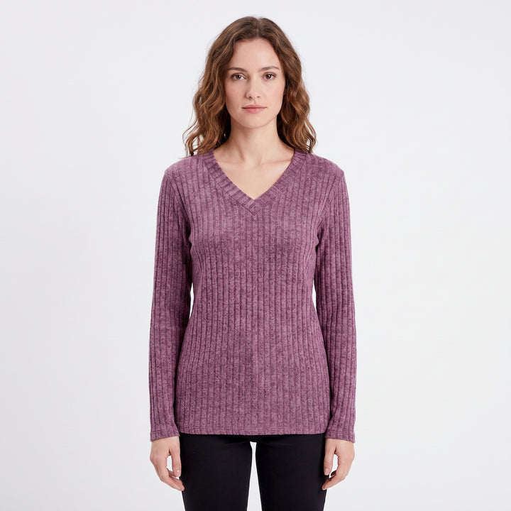 Women's Ribbed V-Neck Sweater Long Sleeve Soft Knit Pullover Casual Jumper