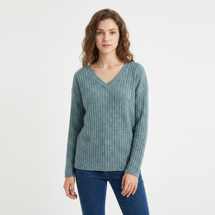 Women's Ribbed V-Neck Sweater Long Sleeve Soft Knit Pullover Casual Jumper