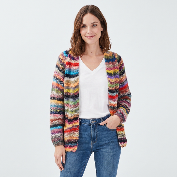 Women's Multicolour Space Dye Cardigan Open Front Fluffy Chunky Knit Sweater