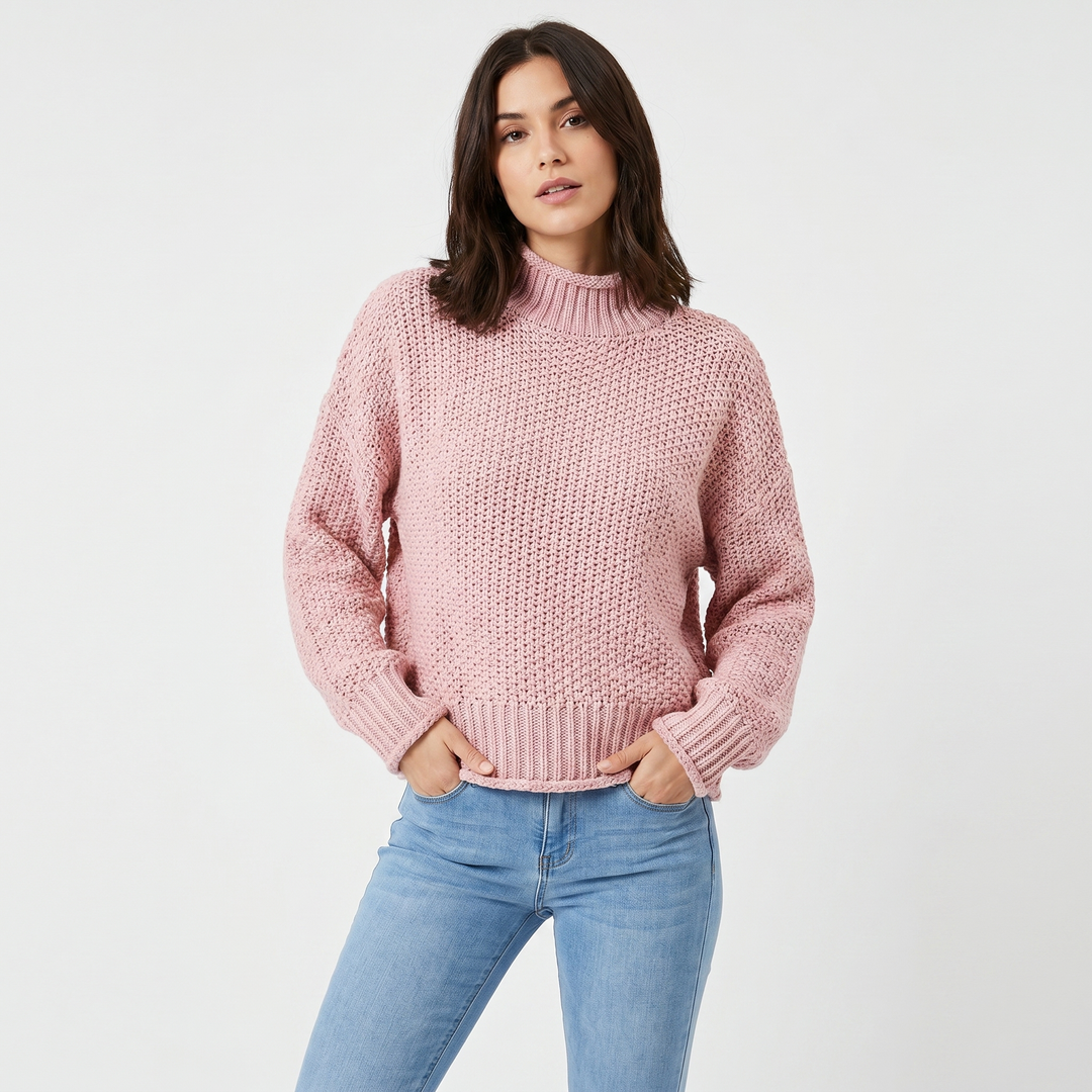 Women's Chunky Knit Mock Neck Sweater Oversized Waffle Stitch Pullover Jumper
