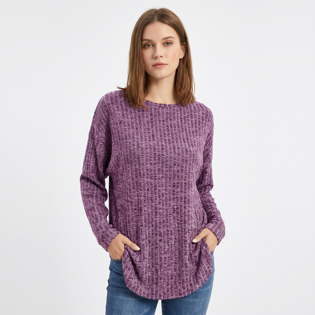 Women's Chenille Waffle Knit Top Boat Neck Long Sleeve Relaxed Curved Hem Pullover