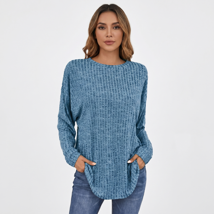 Women's Chenille Waffle Knit Top Boat Neck Long Sleeve Relaxed Curved Hem Pullover