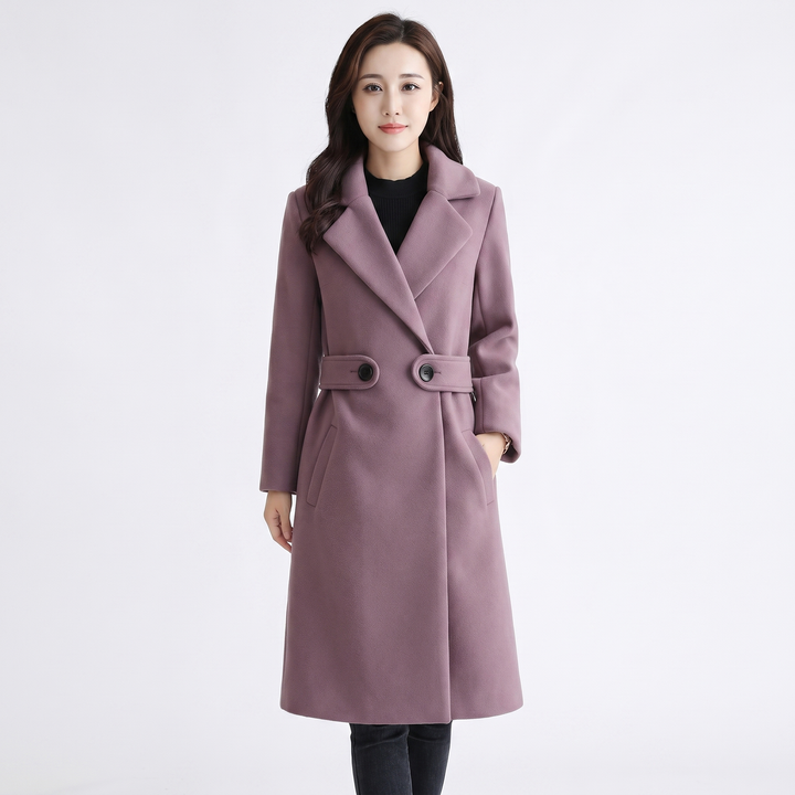 Women's Wool Blend Longline Coat Notch Lapel Double Button A-Line Winter Jacket