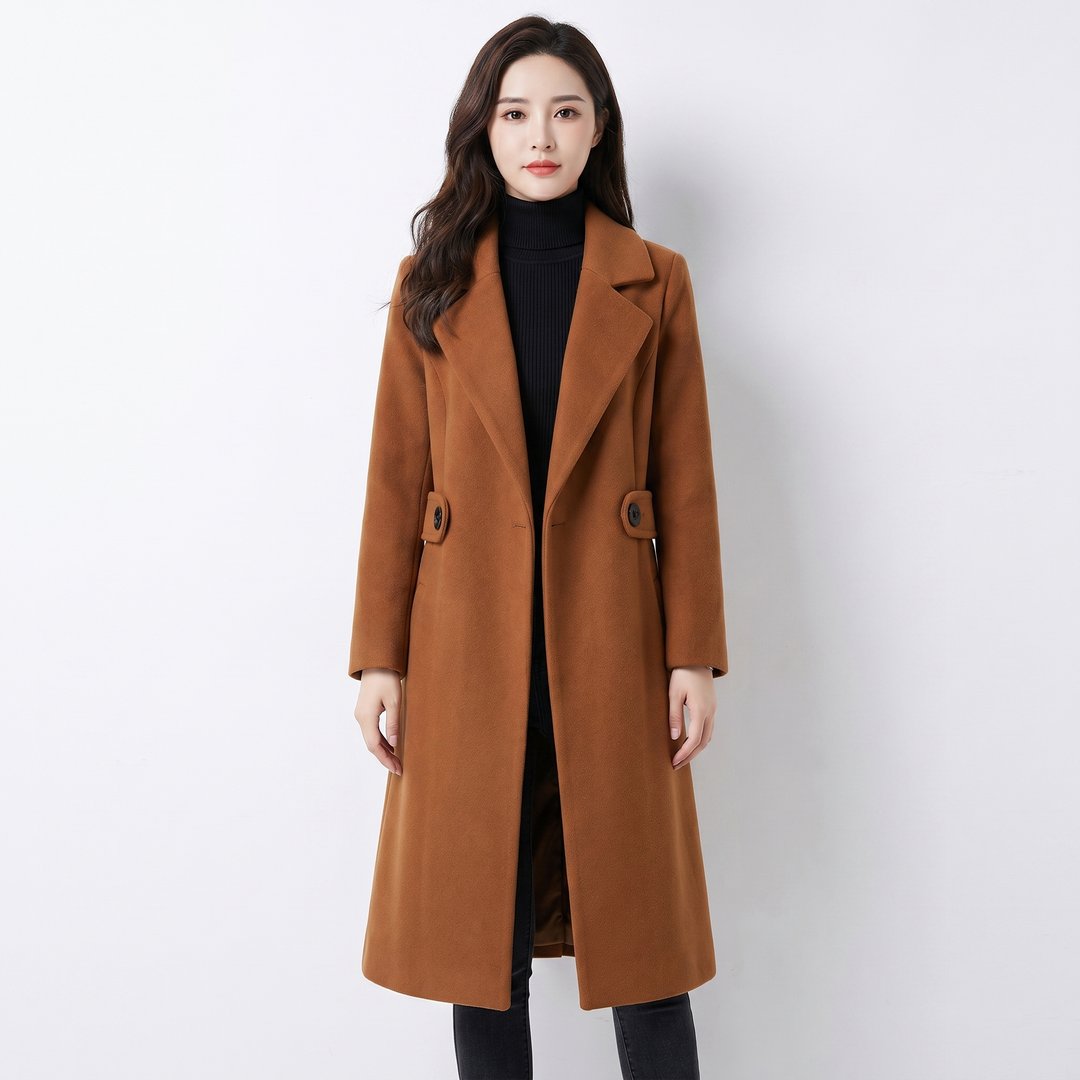 Women's Wool Blend Longline Coat Notch Lapel Double Button A-Line Winter Jacket
