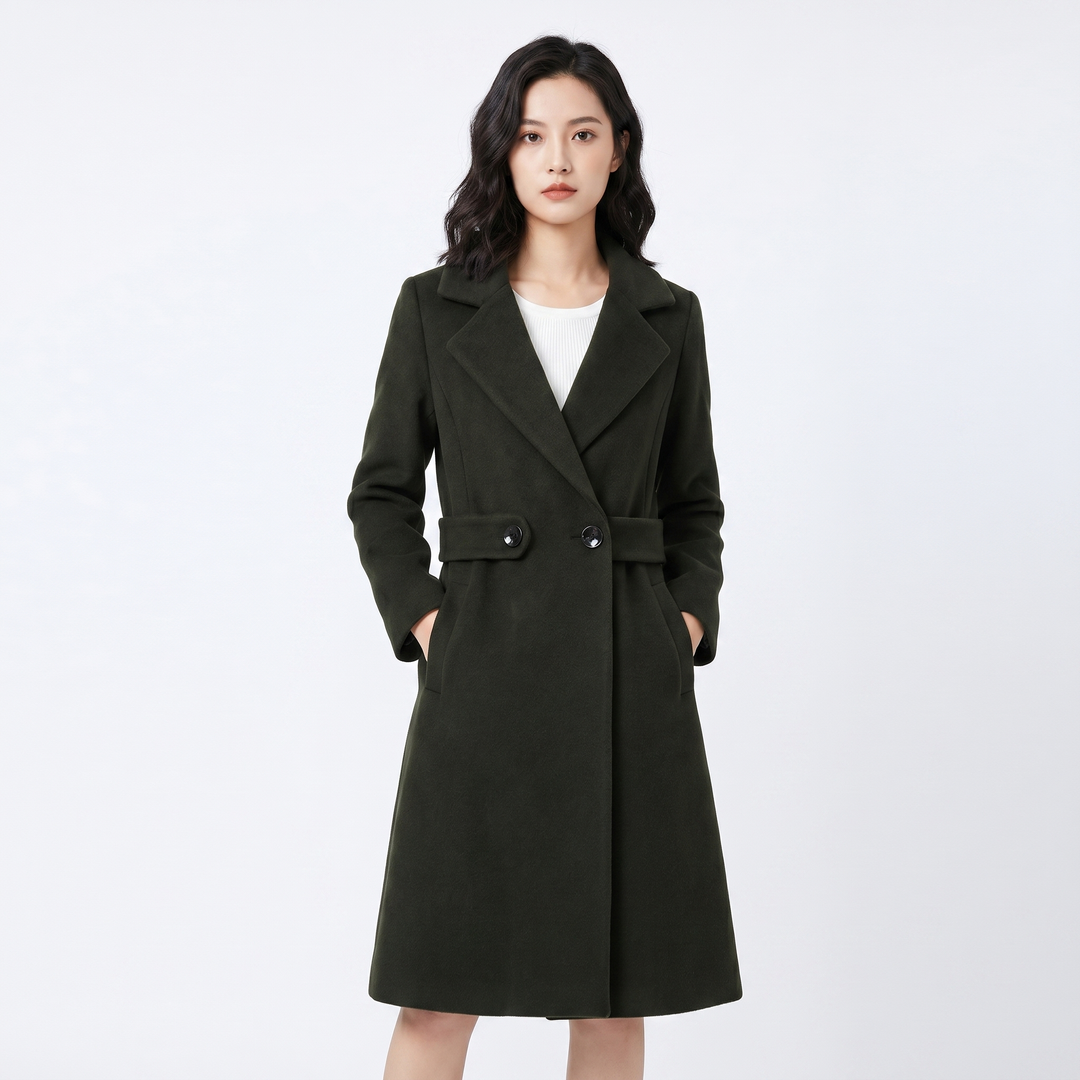 Women's Wool Blend Longline Coat Notch Lapel Double Button A-Line Winter Jacket