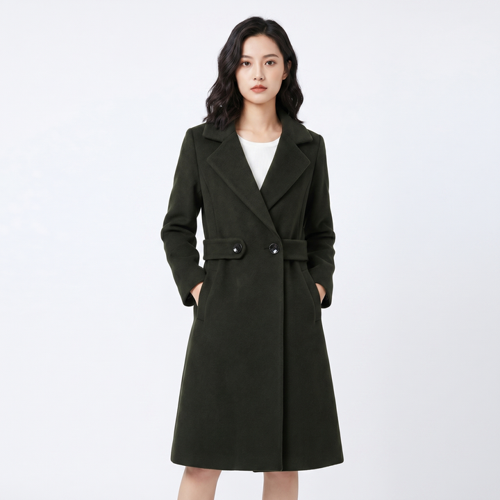Women's Wool Blend Longline Coat Notch Lapel Double Button A-Line Winter Jacket
