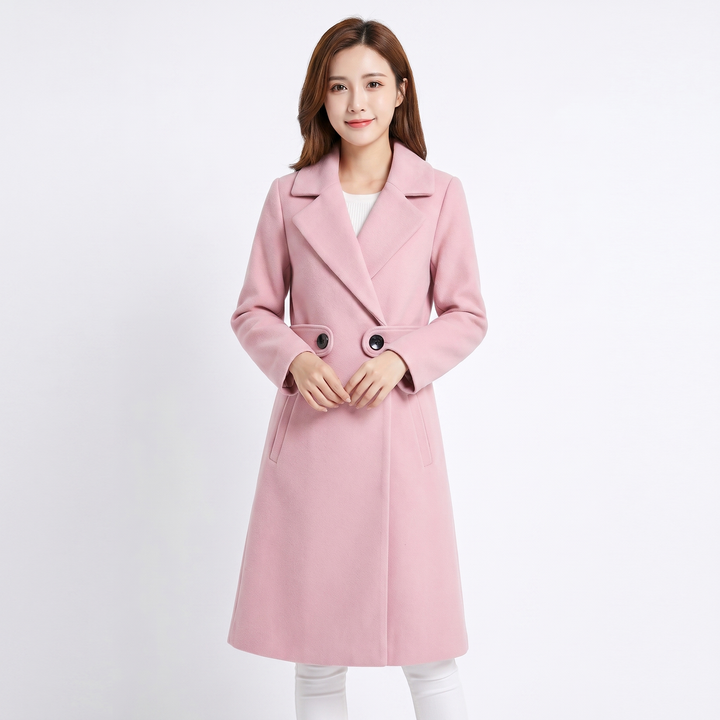 Women's Wool Blend Longline Coat Notch Lapel Double Button A-Line Winter Jacket