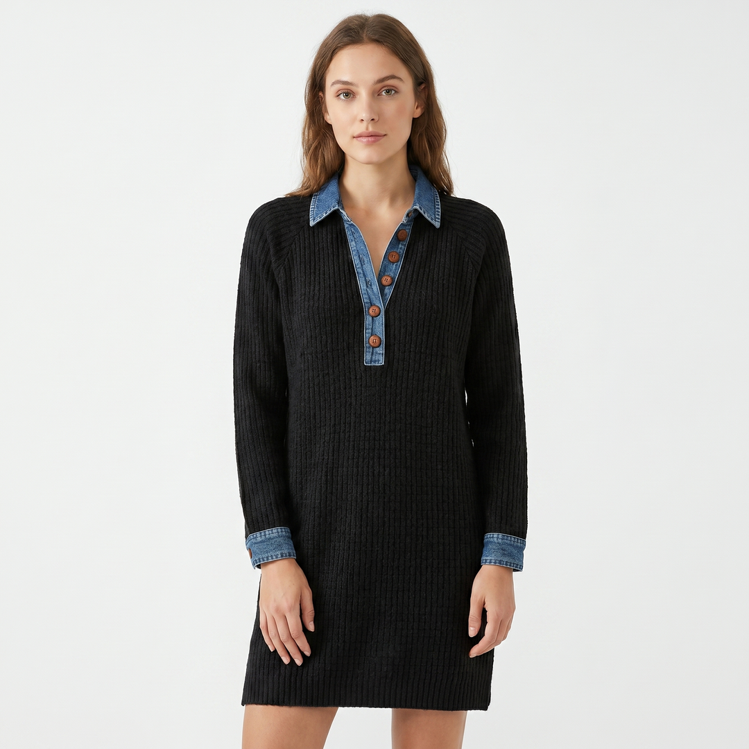 Women's Ribbed Knit Sweater Dress Denim Collar Button Placket Long Sleeve Mini