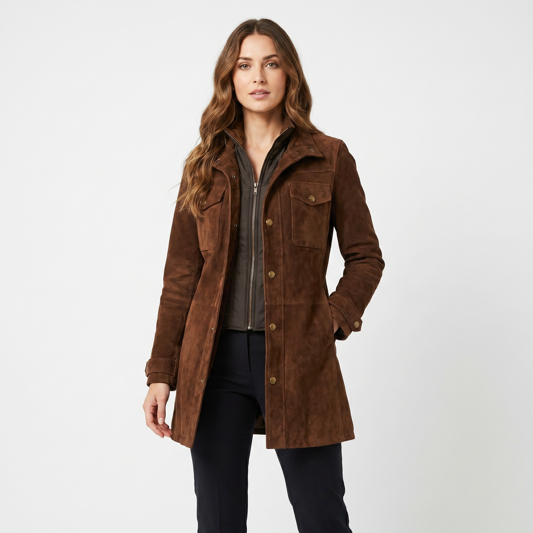 Women's Suede Leather Longline Coat Snap Button Chest Pocket Fitted Field Jacket