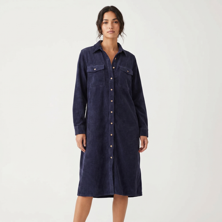 Women's Corduroy Shirt Dress Midi Length Button Front Long Sleeve Casual Dress