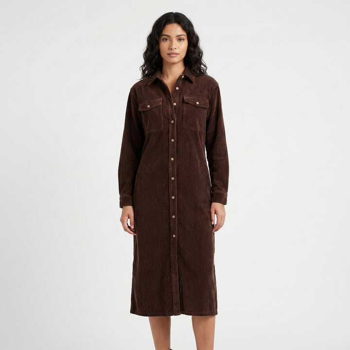 Women's Corduroy Shirt Dress Midi Length Button Front Long Sleeve Casual Dress