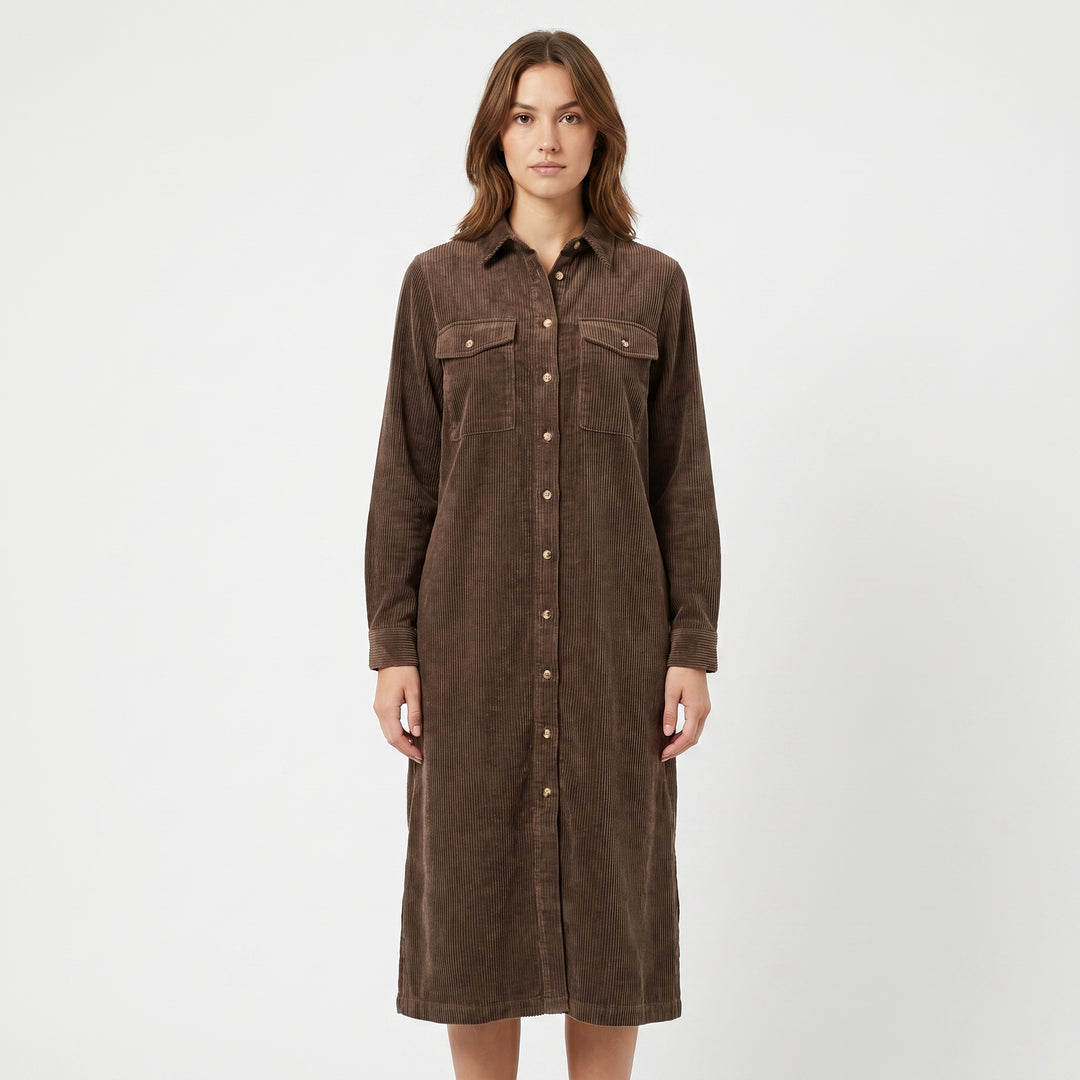 Women's Corduroy Shirt Dress Midi Length Button Front Long Sleeve Casual Dress