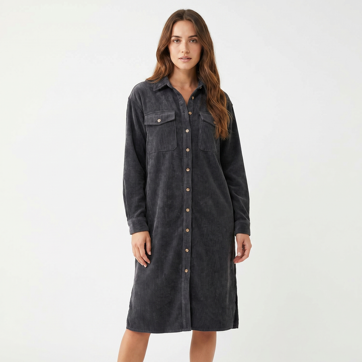 Women's Corduroy Shirt Dress Midi Length Button Front Long Sleeve Casual Dress