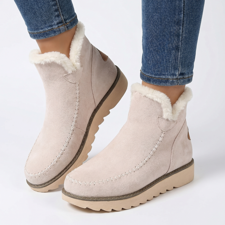 Women's Suede Ankle Snow Boots Sherpa Lined Slip On Platform Winter Booties