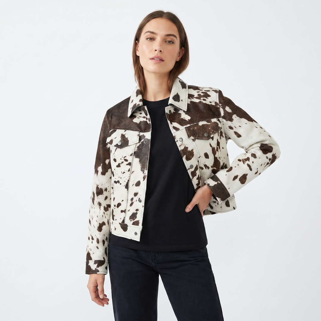 Women's Cow Print Hair On Leather Trucker Jacket Western Snap Button Cropped Coat